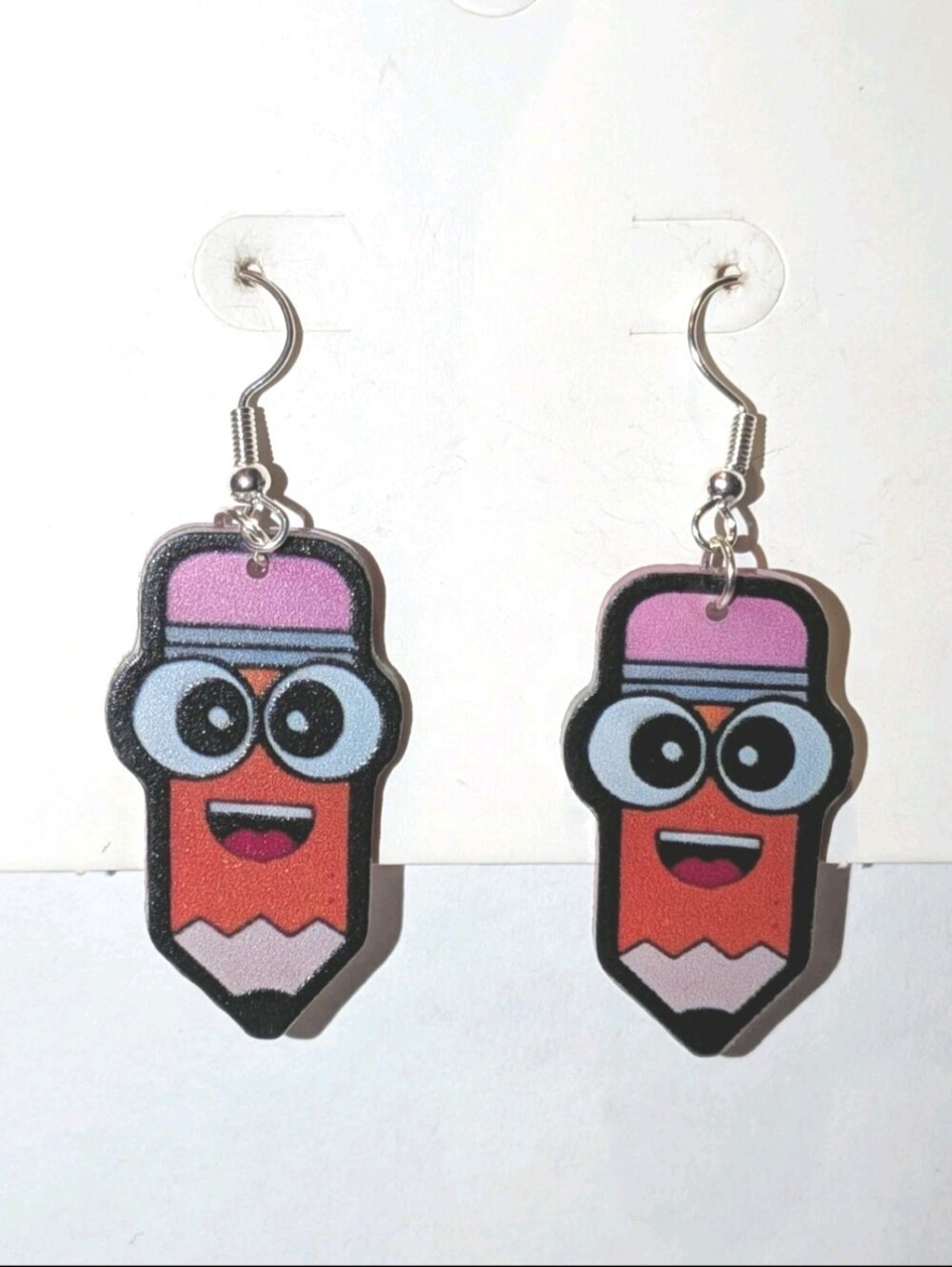 Hand Crafted Cute Cartoon Pencil Dangle Earrings - Pink & Orange